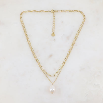 Collier 2 rangs avec maille et perle d'eau douce (38.5/40.5+5CM)