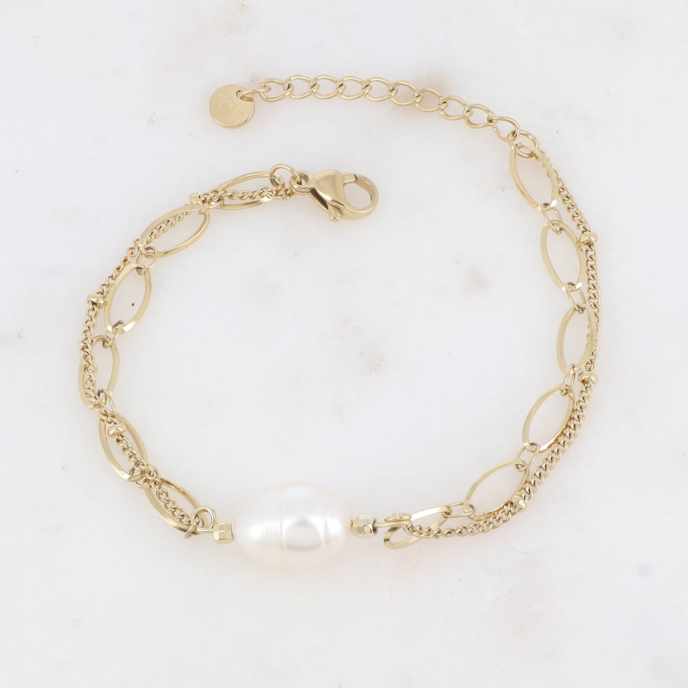 Bracelet 2 rangs avec maille et perle d'eau douce