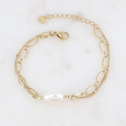 Bracelet 2 rangs avec maille et perle d'eau douce