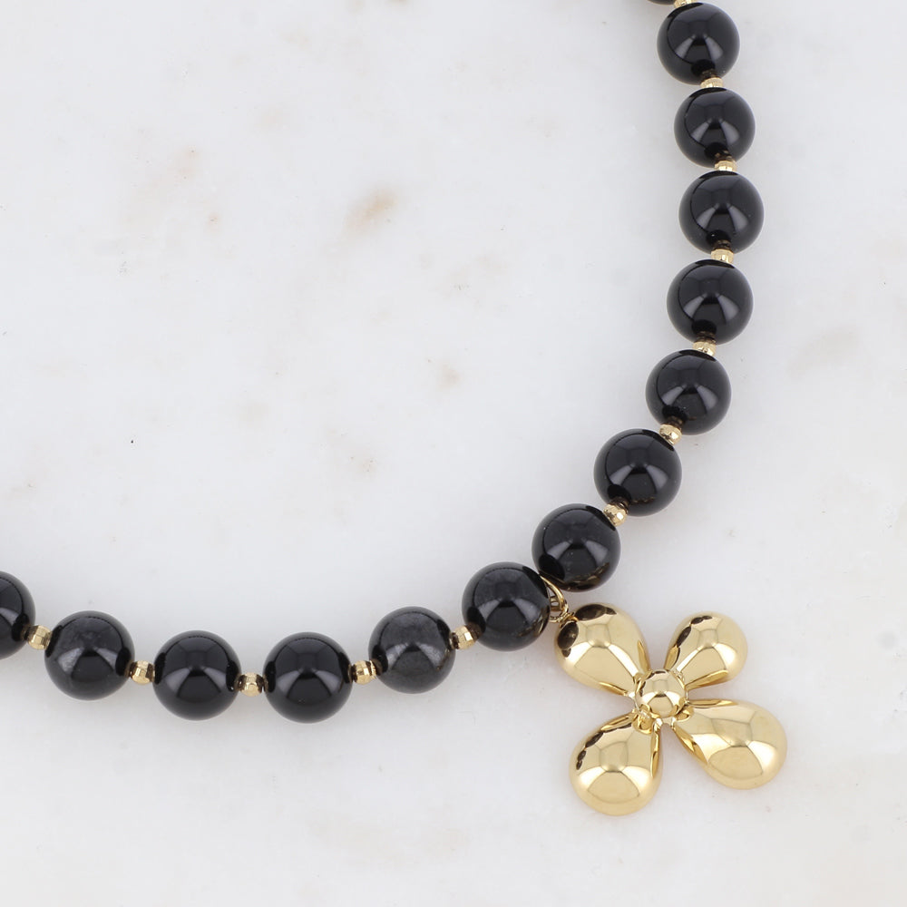 Collier avec pierre naturelle Onyx, fleur (42+7CM)