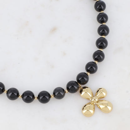 Collier avec pierre naturelle Onyx, fleur (42+7CM)