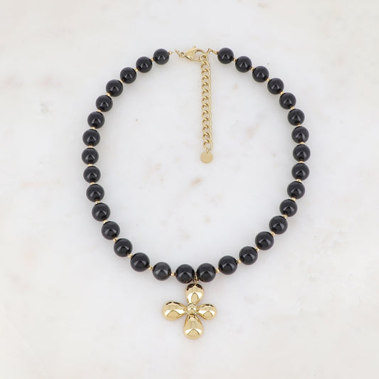 Collier avec pierre naturelle Onyx, fleur (42+7CM)