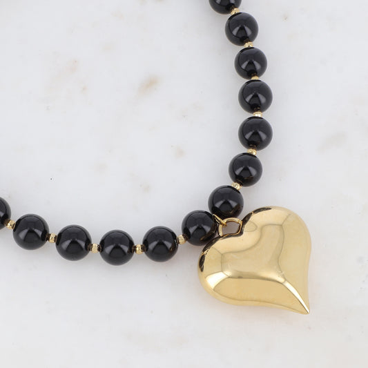 Collier avec pierre naturelle Onyx et cœur bombé (42+7CM)