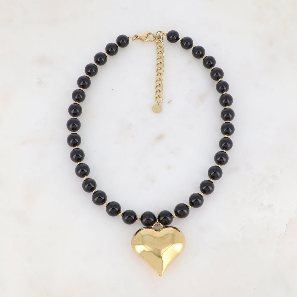 Collier avec pierre naturelle Onyx et cœur bombé (42+7CM)