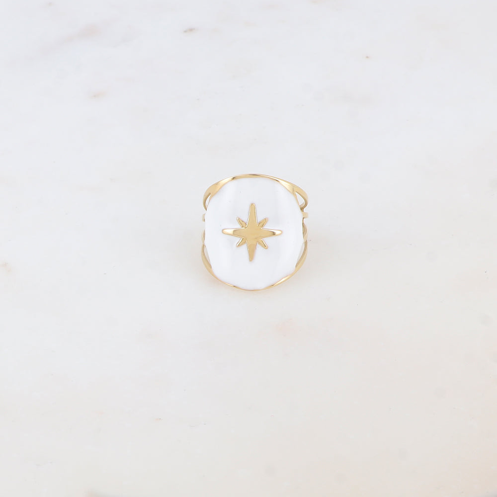 Bague avec pièce ronde émaillée, étoile gravée - Blanc