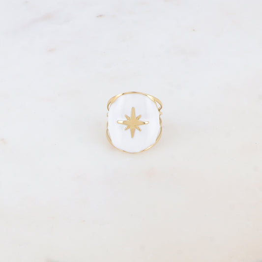 Bague avec pièce ronde émaillée, étoile gravée - Blanc