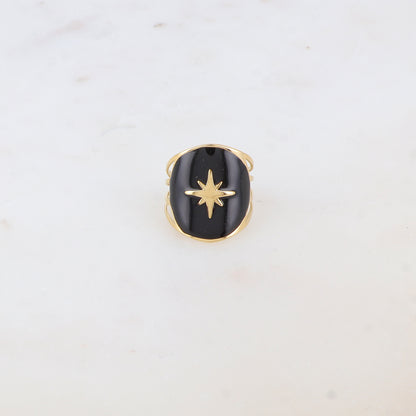 Bague avec pièce ronde émaillée, étoile gravée - Noir