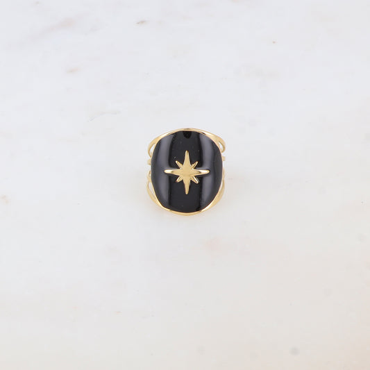 Bague avec pièce ronde émaillée, étoile gravée - Noir