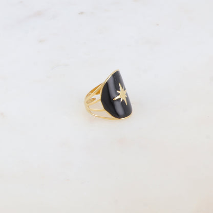 Bague avec pièce ronde émaillée, étoile gravée - Noir