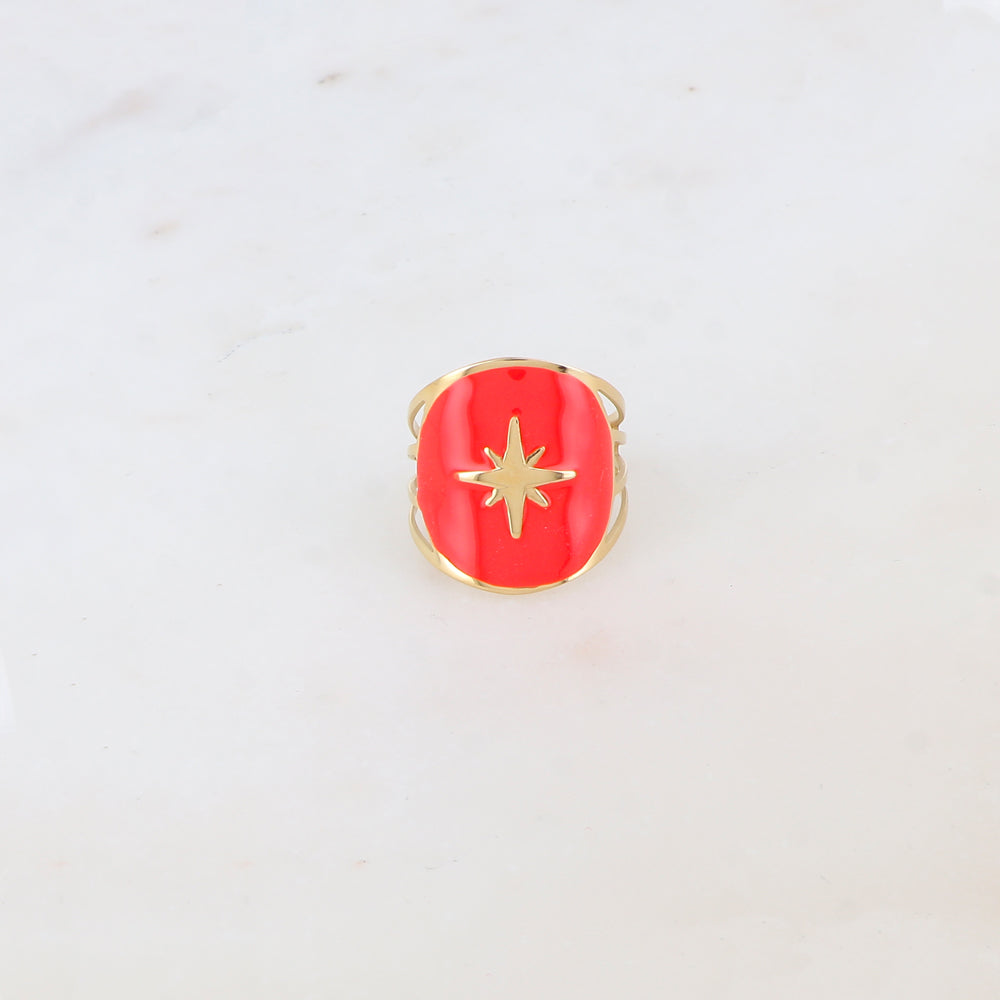 Bague avec pièce ronde émaillée, étoile gravée - Fuschia