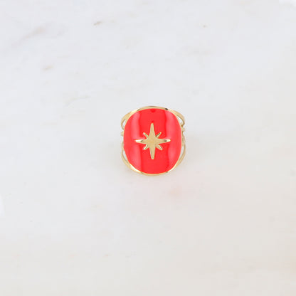 Bague avec pièce ronde émaillée, étoile gravée - Fuschia