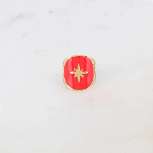 Bague avec pièce ronde émaillée, étoile gravée - Fuschia