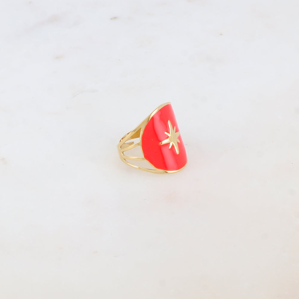 Bague avec pièce ronde émaillée, étoile gravée - Fuschia