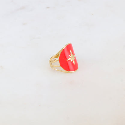 Bague avec pièce ronde émaillée, étoile gravée - Fuschia
