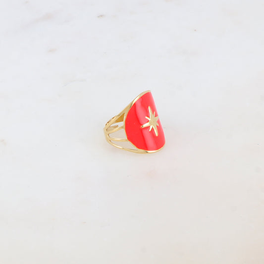 Bague avec pièce ronde émaillée, étoile gravée - Fuschia