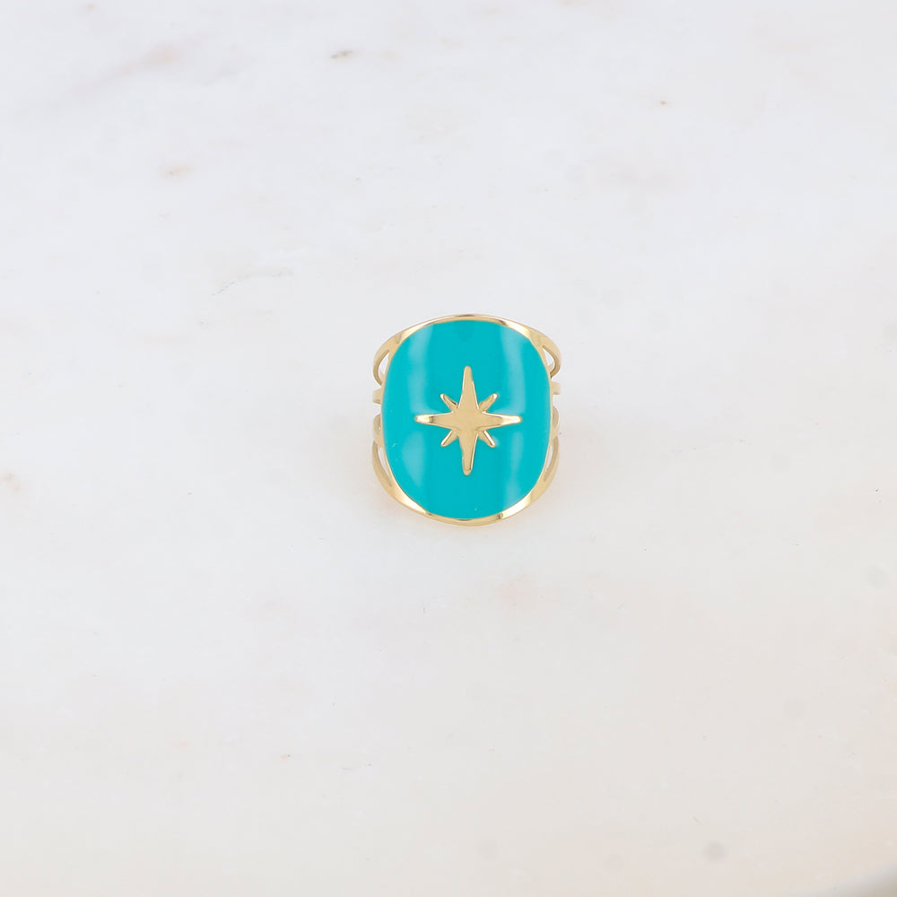 Bague avec pièce ronde émaillée, étoile gravée - Turquoise