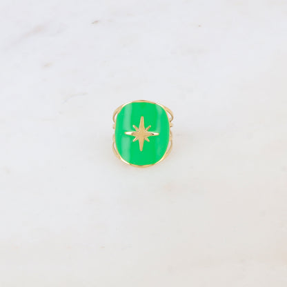 Bague avec pièce ronde émaillée, étoile gravée - Vert