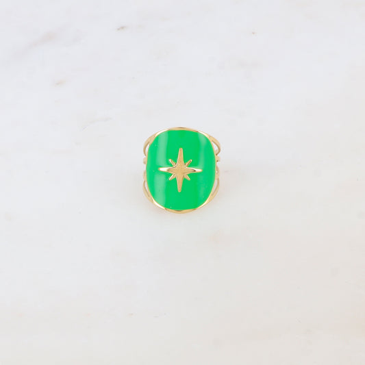 Bague avec pièce ronde émaillée, étoile gravée - Vert