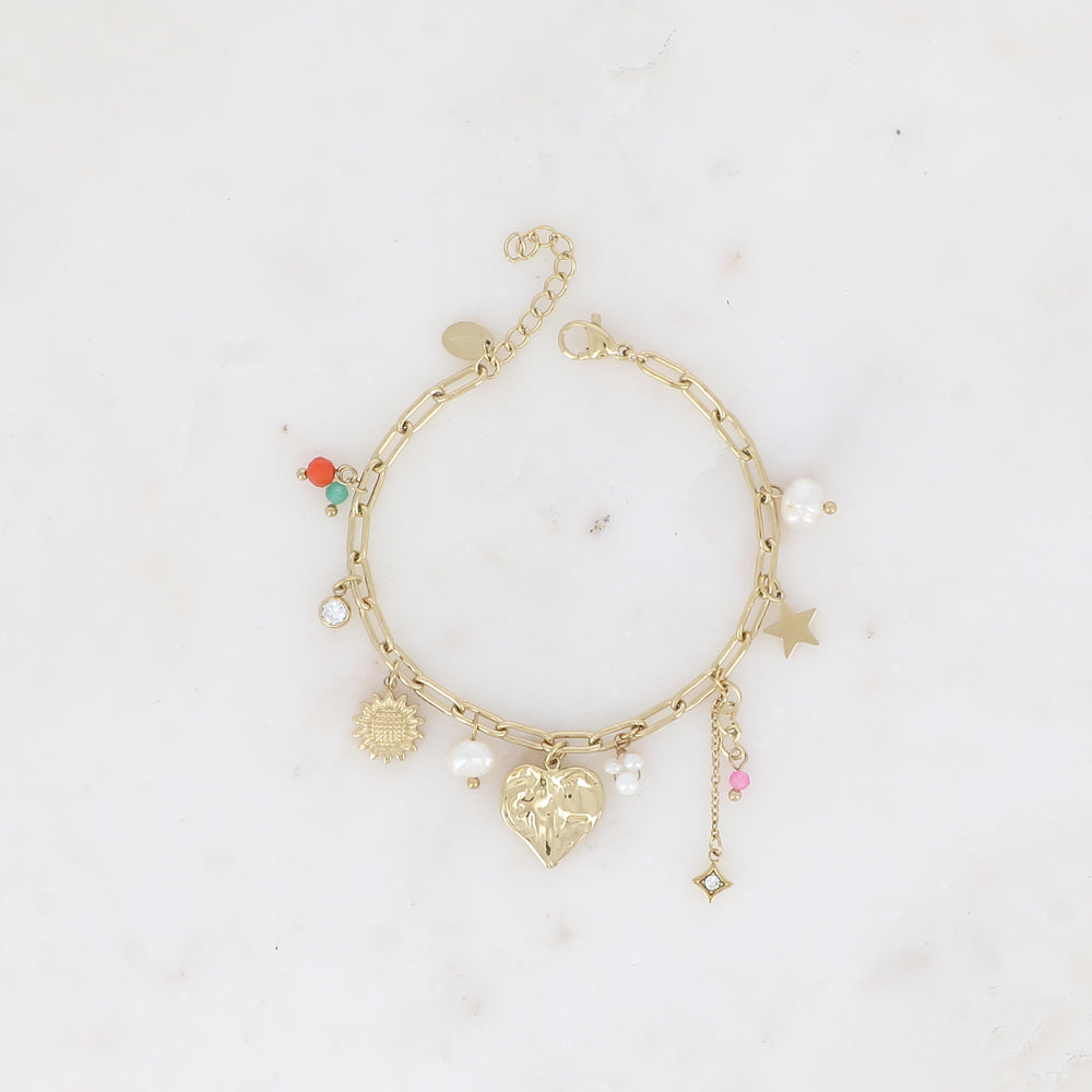 Bracelet - coeur, fleur, étoiles, perles d'eau douce, pâtes de verre et cristaux 16+3 cm