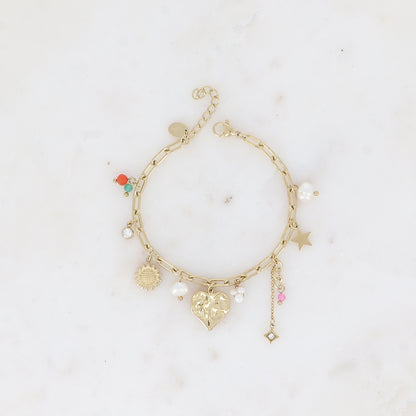 Bracelet - coeur, fleur, étoiles, perles d'eau douce, pâtes de verre et cristaux 16+3 cm