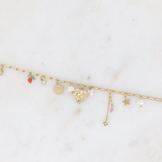 Bracelet - coeur, fleur, étoiles, perles d'eau douce, pâtes de verre et cristaux 16+3 cm