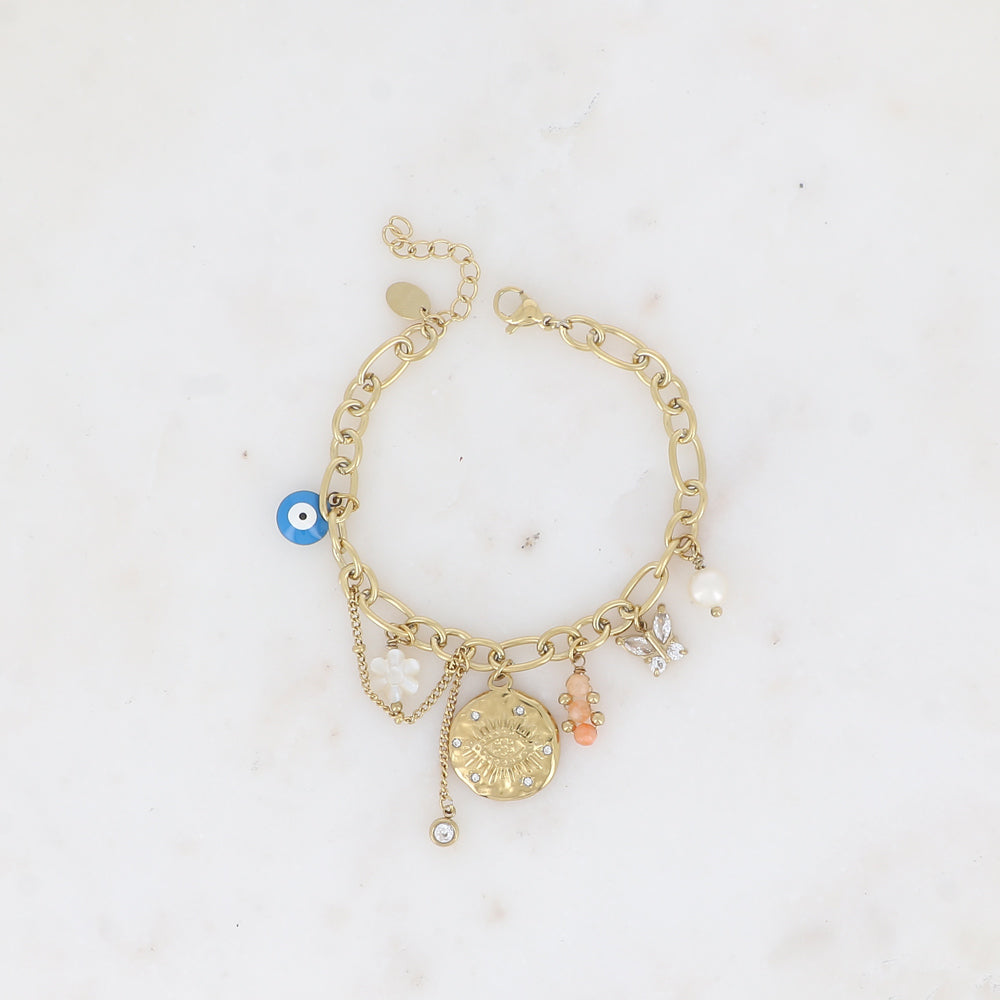 Bracelet - breloques (oeil et oxydes de zirconium, fleur nacrée, émail, papillon, pierres naturelles) Taille: 16+3 cm