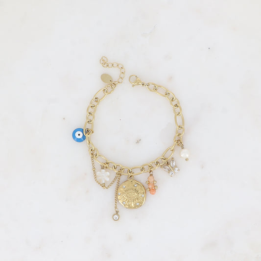 Bracelet - breloques (oeil et oxydes de zirconium, fleur nacrée, émail, papillon, pierres naturelles) Taille: 16+3 cm