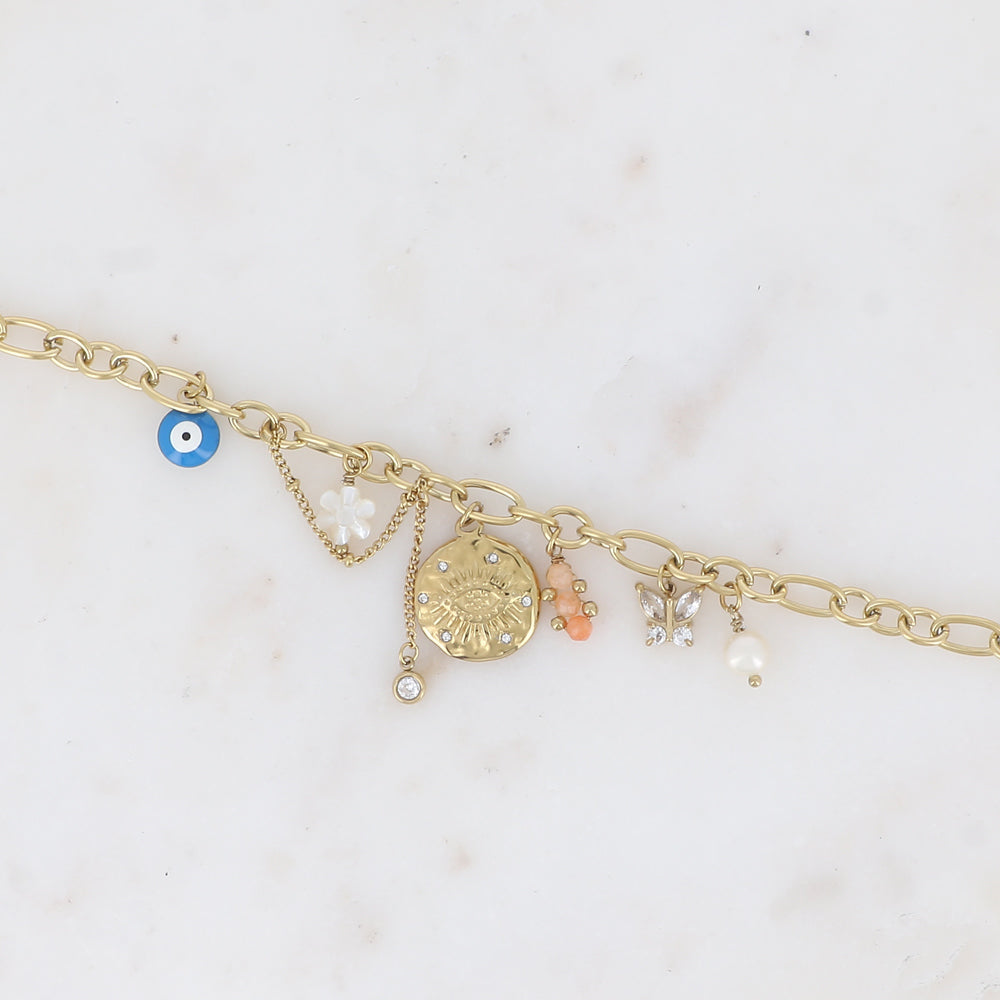 Bracelet - breloques (oeil et oxydes de zirconium, fleur nacrée, émail, papillon, pierres naturelles) Taille: 16+3 cm