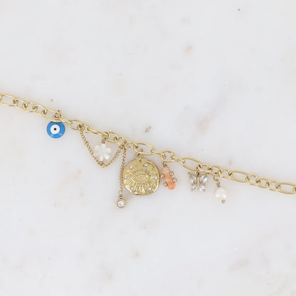 Bracelet - breloques (oeil et oxydes de zirconium, fleur nacrée, émail, papillon, pierres naturelles) Taille: 16+3 cm