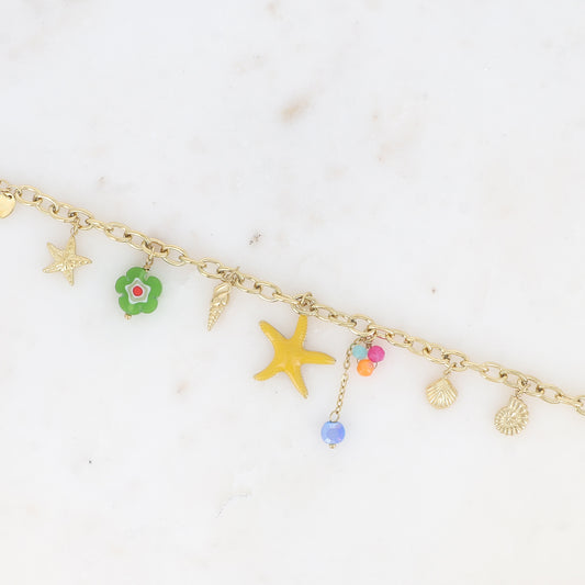 Bracelet - breloques (étoile de mer émaillée, coquillages, cœur, fleur, pâtes de verre) 16+3 cm