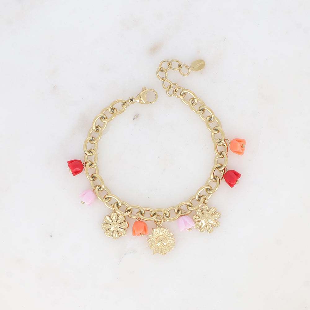 Bracelet - breloques de roses florales en acétate rouge 17+3 cm
