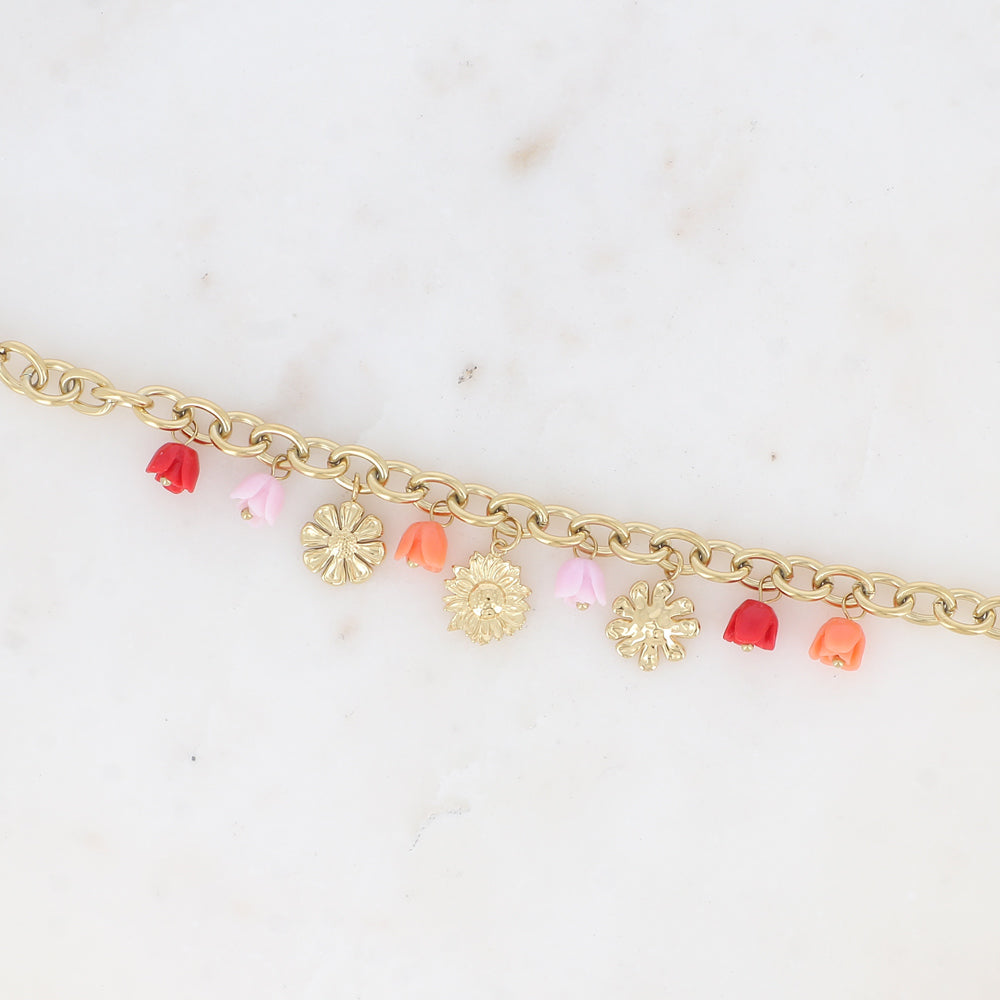Bracelet - breloques de roses florales en acétate rouge 17+3 cm