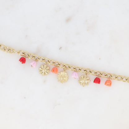 Bracelet - breloques de roses florales en acétate rouge 17+3 cm