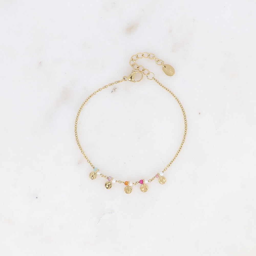 Bracelet - pampilles rondes texturées, perles oxydes de zirconium et perles d'eau douce 16+3 cm