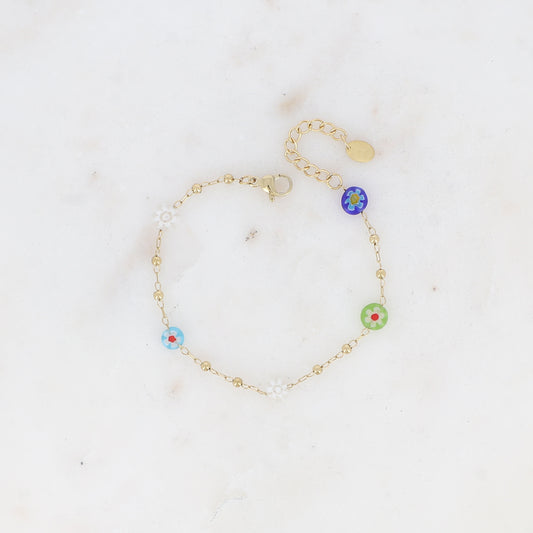 Bracelet fin - chaîne à boules avec pampilles rondes en résine aux fleurs bleu 16+3 cm