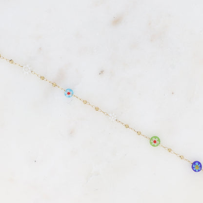 Bracelet fin - chaîne à boules avec pampilles rondes en résine aux fleurs bleu 16+3 cm