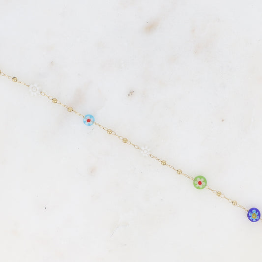 Bracelet fin - chaîne à boules avec pampilles rondes en résine aux fleurs bleu 16+3 cm