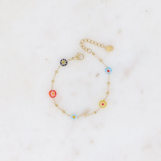 Bracelet fin - chaîne à boules avec pampilles rondes en résine aux fleurs multicolores 16+3 cm