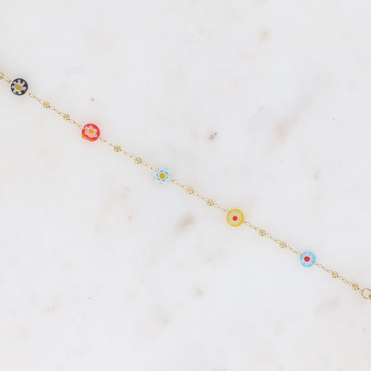 Bracelet fin - chaîne à boules avec pampilles rondes en résine aux fleurs multicolores 16+3 cm