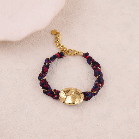Bracelet en tissu avec chaîne et pièces ovale ondulée texturée