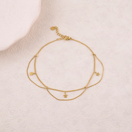 Chaîne de cheville 2 rangs avec pampilles étoiles (22+3CM)