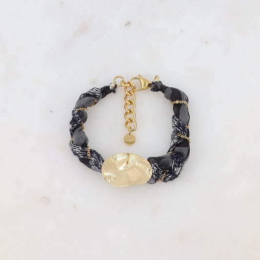 Bracelet en tissu avec chaîne et pièces ovale ondulée texturée