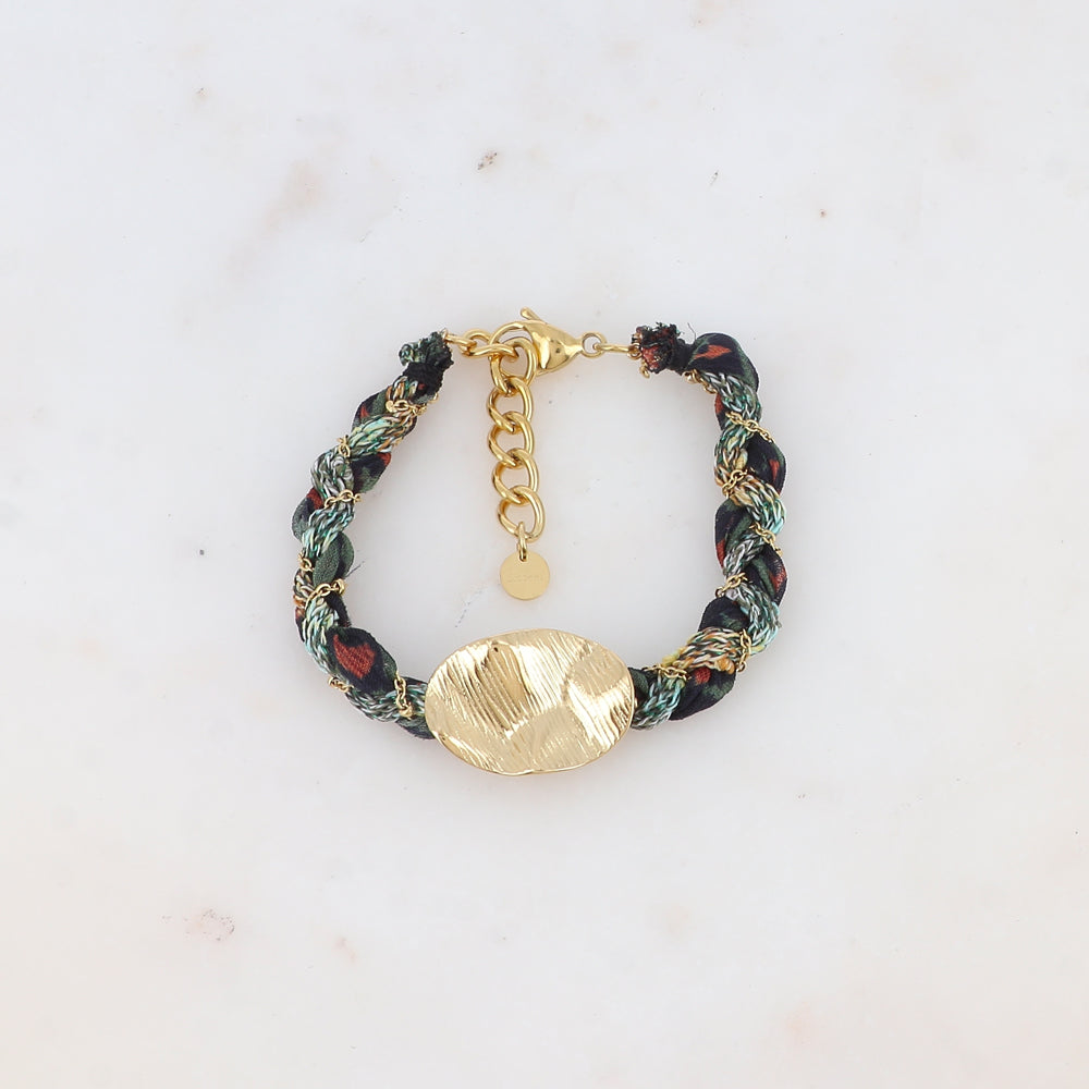 Bracelet en tissu avec chaîne et pièces ovale ondulée texturée
