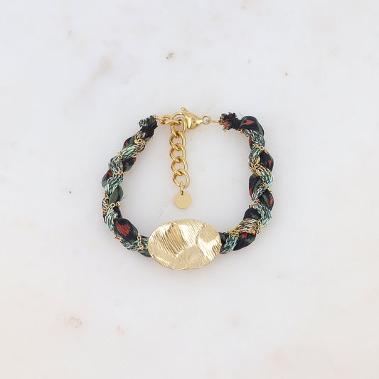 Bracelet en tissu avec chaîne et pièces ovale ondulée texturée
