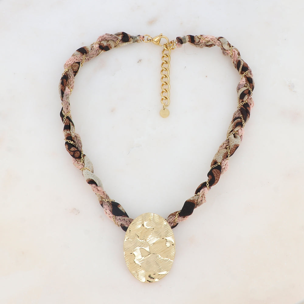 Collier en tissu avec chaîne et pièces ovale ondulée texturée (40+5CM)