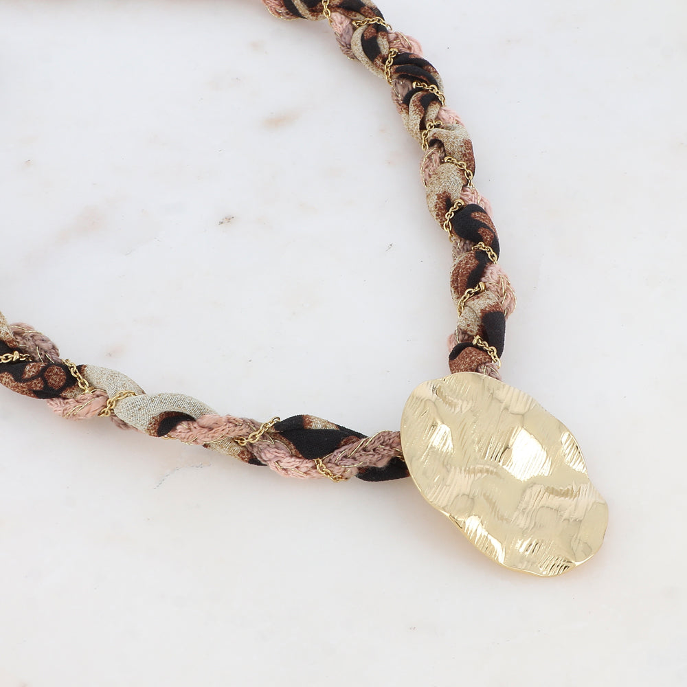 Collier en tissu avec chaîne et pièces ovale ondulée texturée (40+5CM)