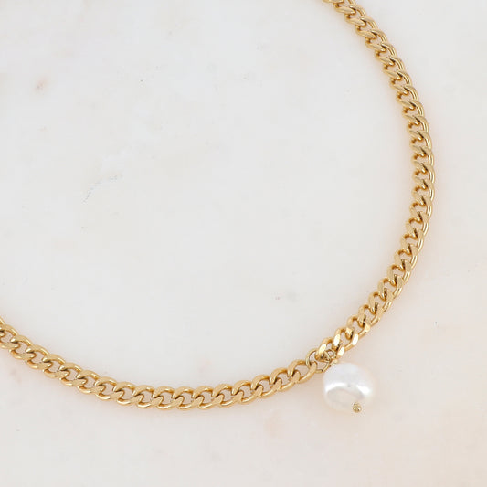 Collier en maille avec perle d'eau douce (36+7CM)