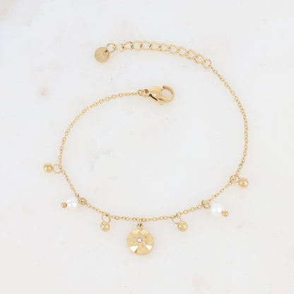 Bracelet avec pampilles boules et ronde avec motif étoile strassé et perle d'eau douce