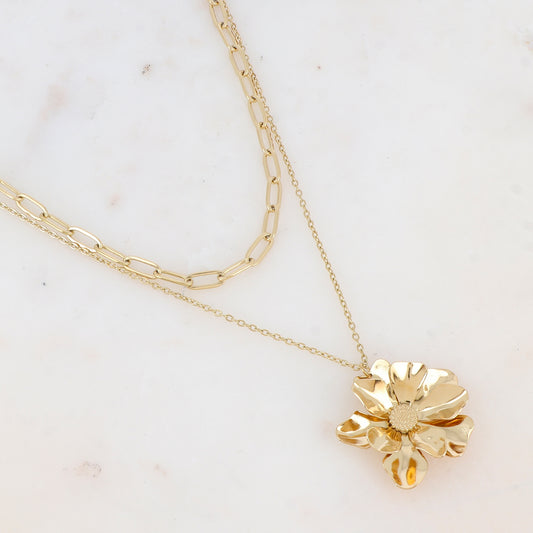 Collier 2 rangs avec maille et pendentif fleur (38/42+7CM)