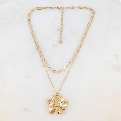 Collier 2 rangs avec maille et pendentif fleur (38/42+7CM)